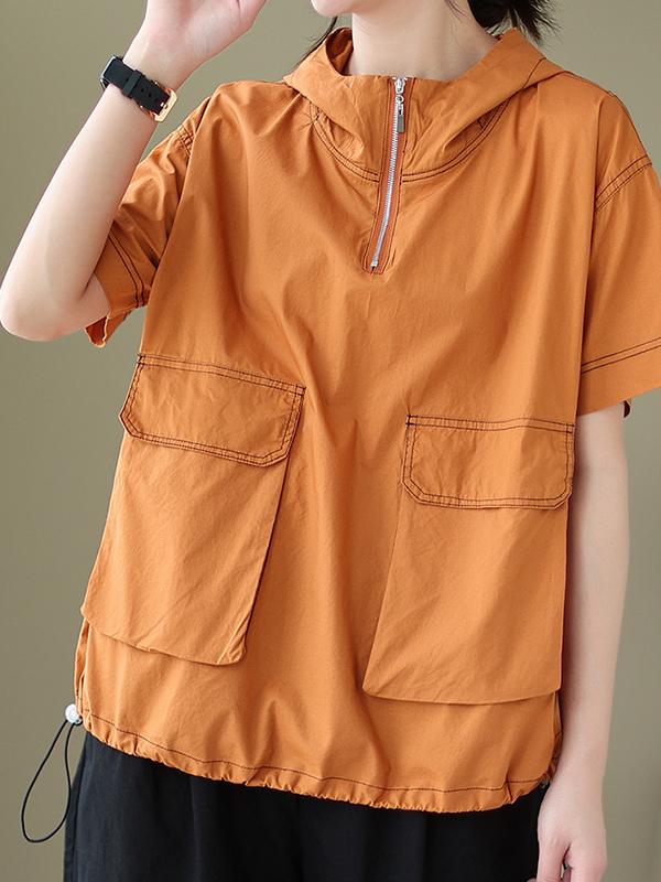 Loose Short Sleeves Zipper Hooded T-Shirts Tops Product Image