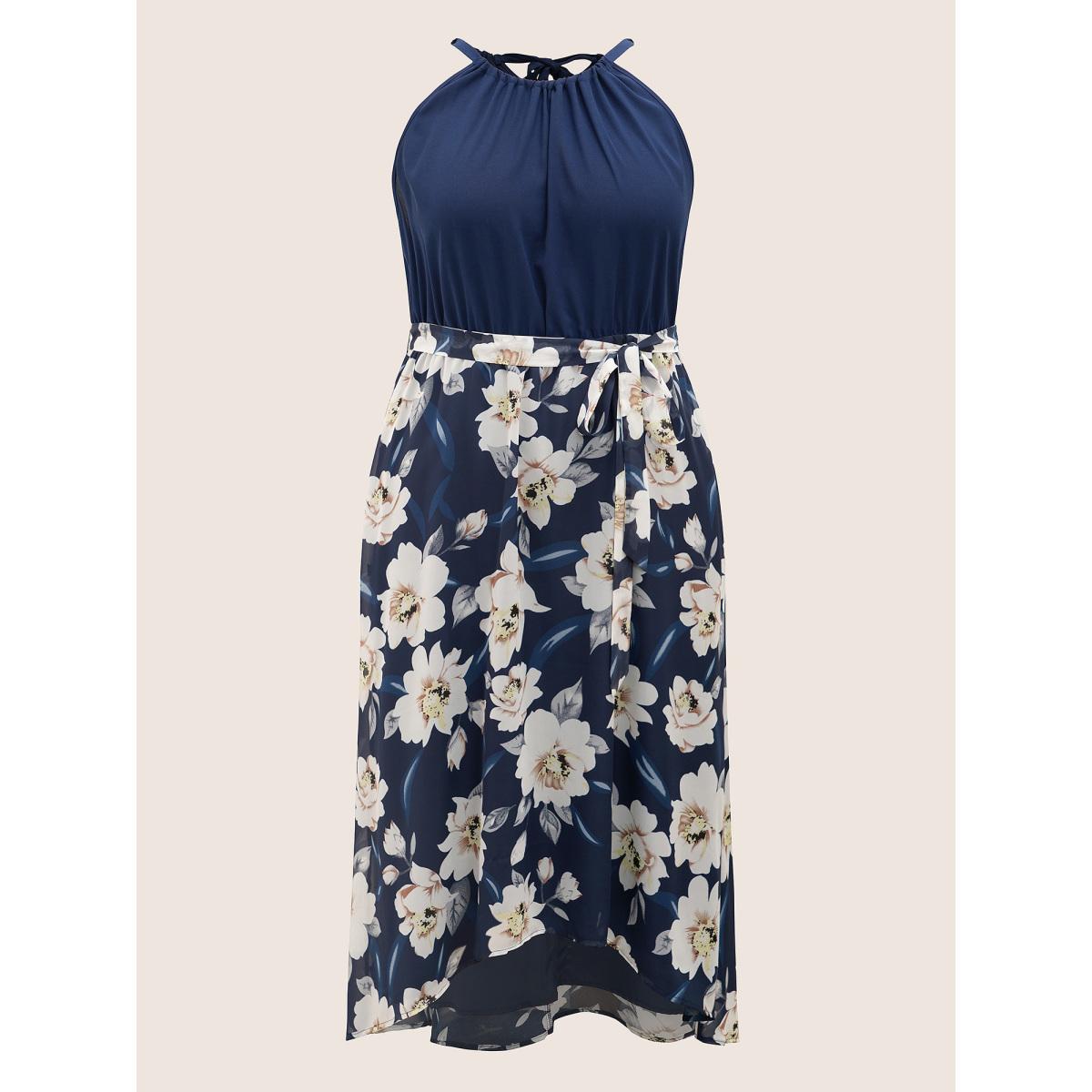 Plus Size Floral Patchwork Halter Ties High Low Hem Dress Indigo Women Elegant Non Halter neck Sleeveless Curvy Midi Dress BloomChic 10/M Product Image