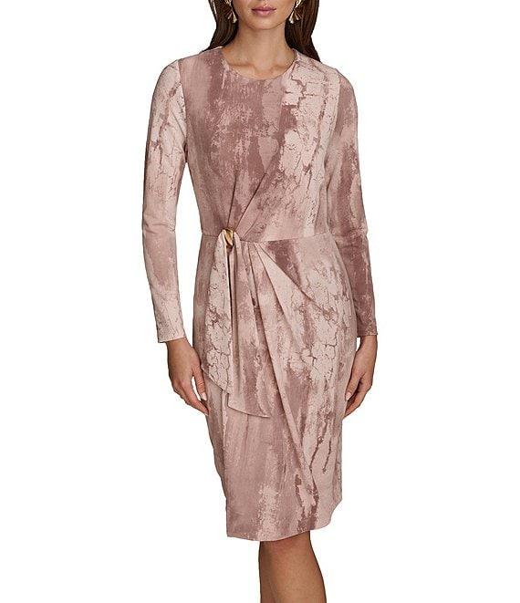 Donna Karan Printed Crepe Jersey Crew Neck Long Sleeve Gold Hardware Gathered Waist Dress Product Image