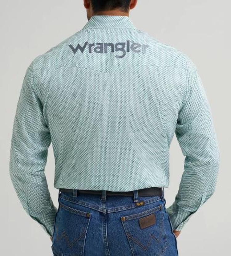 Wrangler® Men's L/S White/Green Logo Snap Shirt Product Image