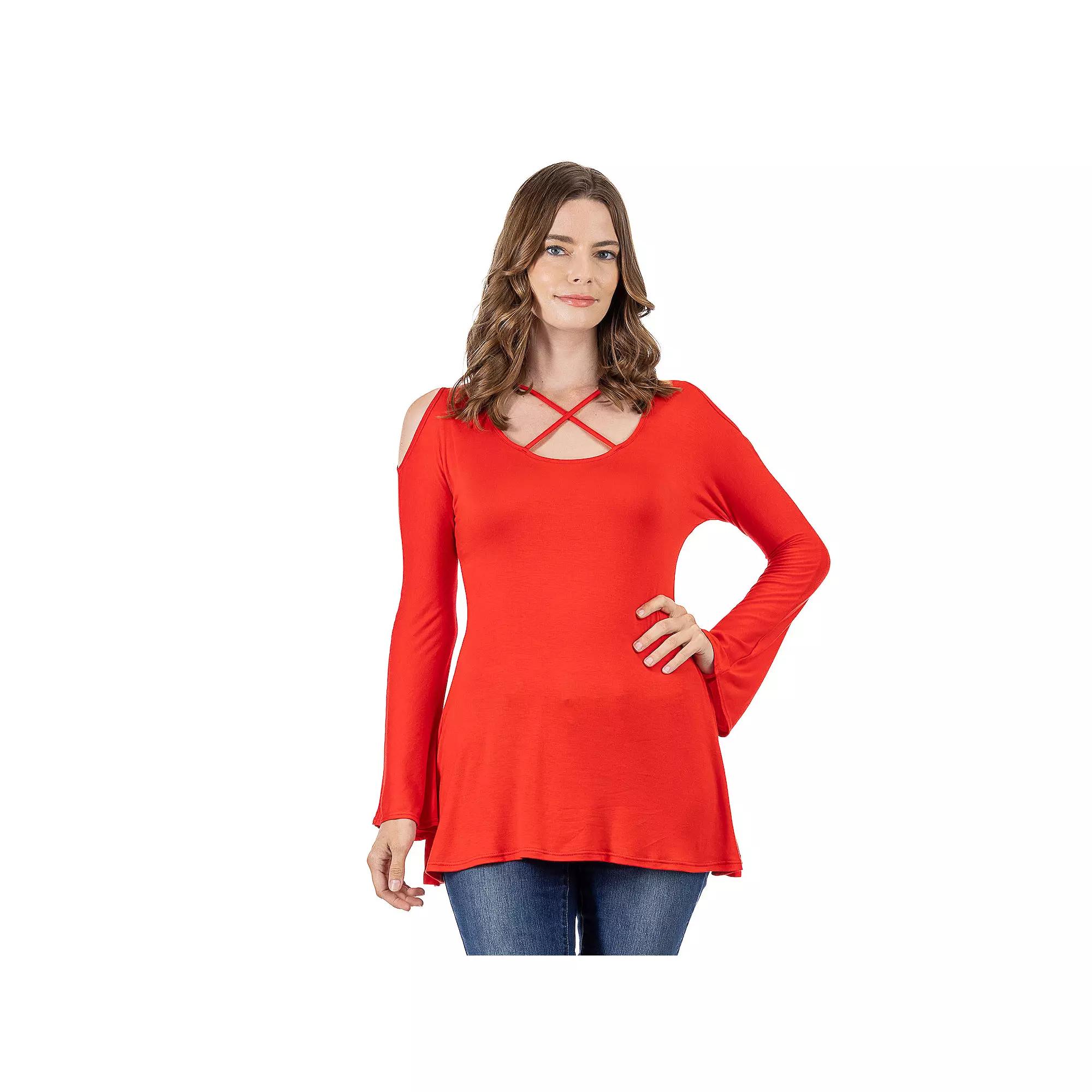 Women's 24Seven Comfort Apparel Criss Cross Cold Shoulder Long Sleeve Top,  Product Image