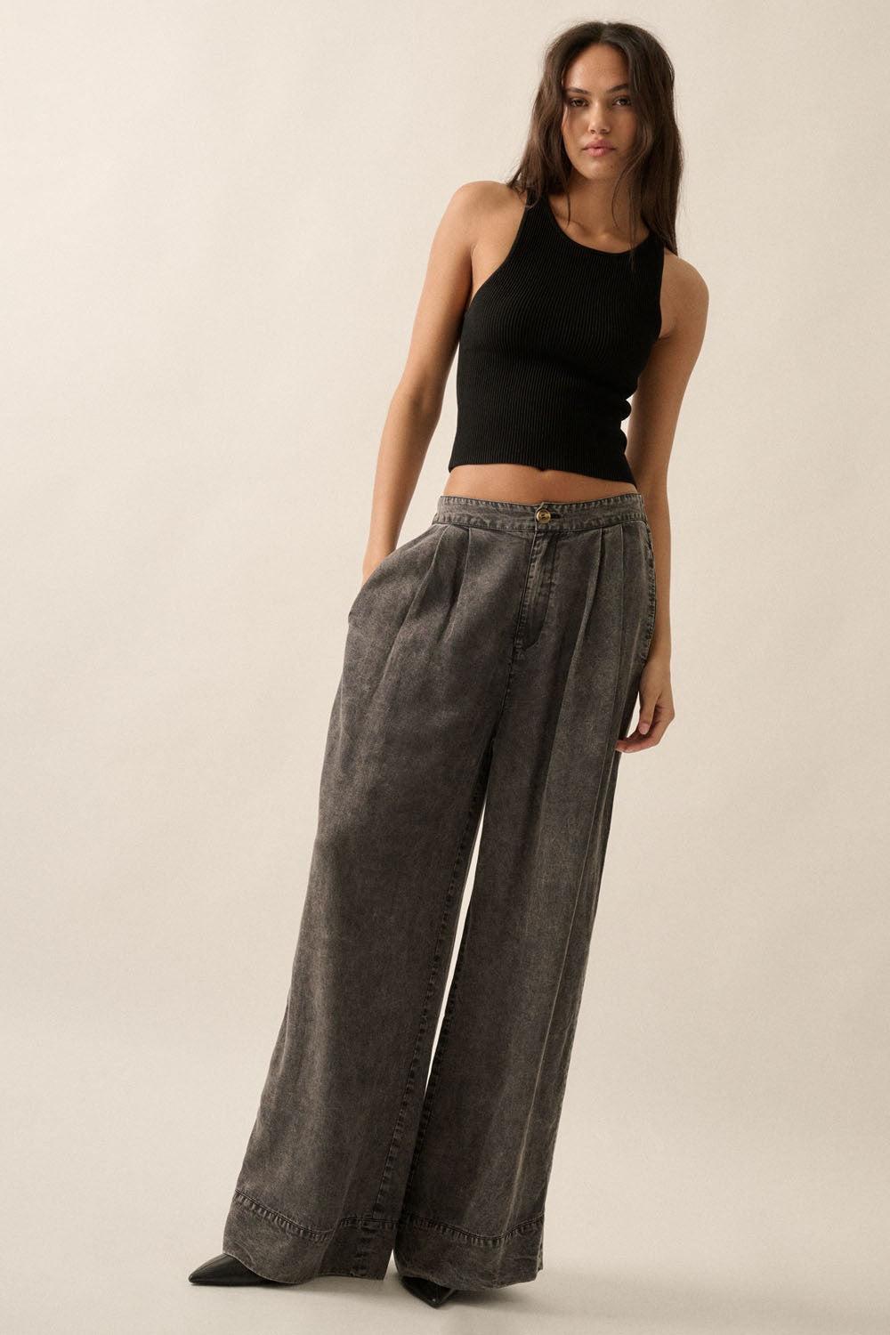 Pleated Wide Leg Light Denim Pants Product Image