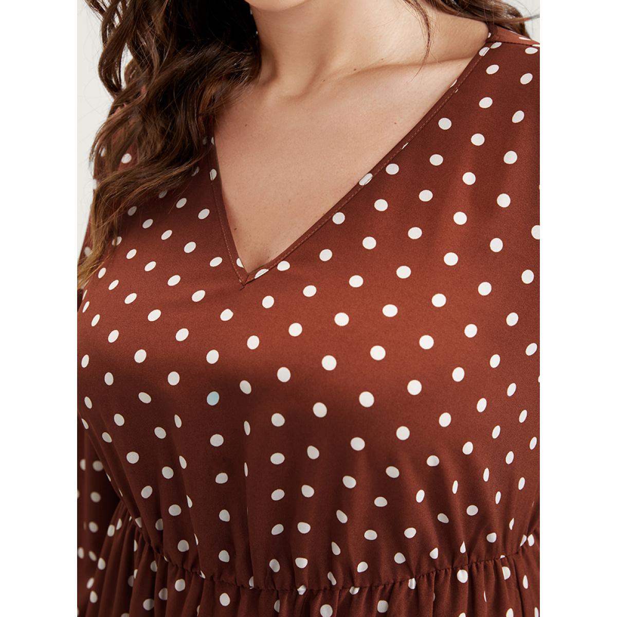 Plus Size Polka Dot Lantern Sleeve Pocket Ruffle Tiered Split Maxi Dress DarkBrown Women Elegant Elastic Waist V-neck Long Sleeve Curvy Long Dress BloomChic 10/M Product Image