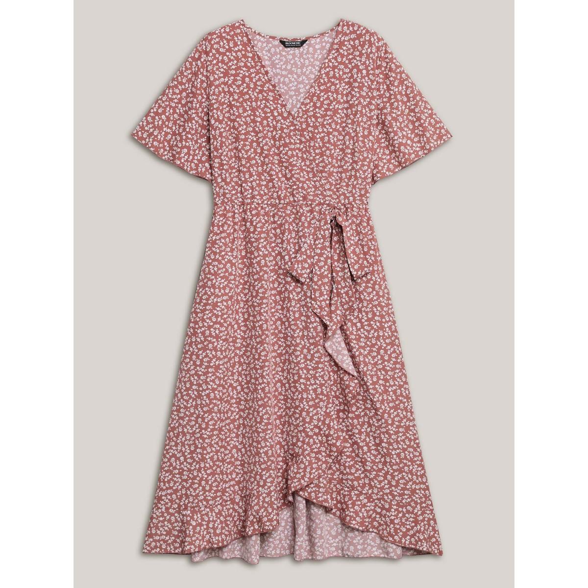 Plus Size Ditsy Floral Print Stretchy-Waist Ruffle Midi Dress DustyPink Women Elegant Overlapping Overlap Collar Short sleeve Curvy BloomChic 26/4X Product Image