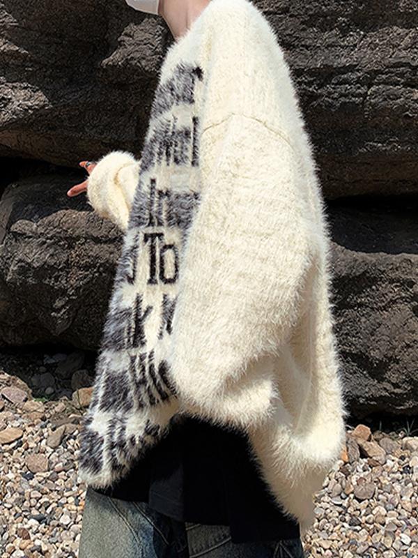 Men's Letter Jacquard Fuzzy Sweater Product Image