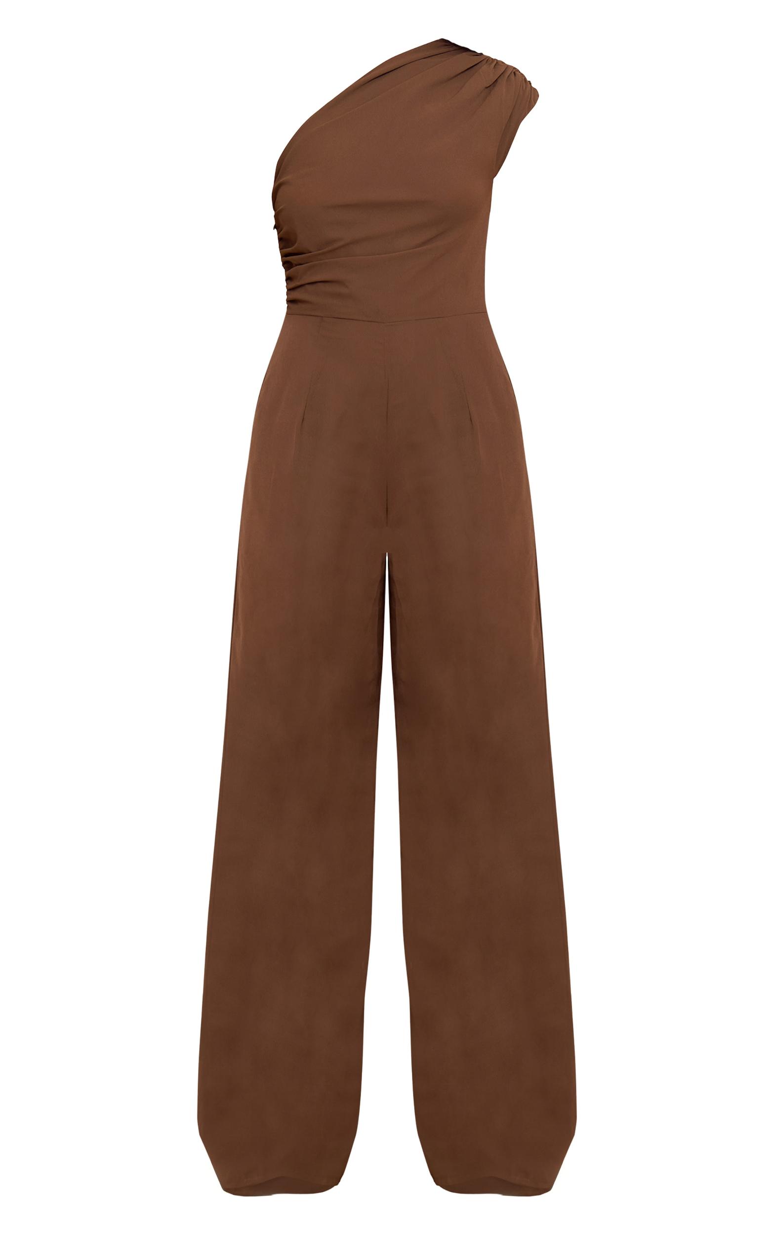 Mushroom Chiffon One Shoulder Ruched Jumpsuit Product Image