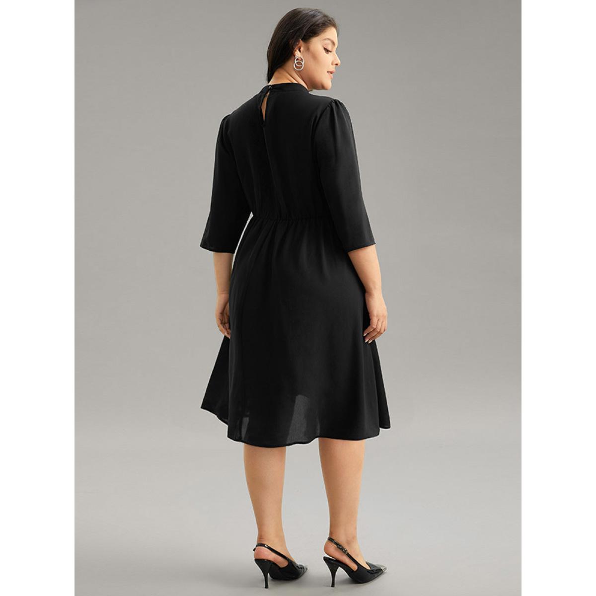 Plus Size Polka Dot Patchwork Mock Neck Elastic Waist Dress Black Women At the Office Contrast Mock Neck Elbow-length sleeve Curvy Midi Dress BloomChic 22-24/3X Product Image