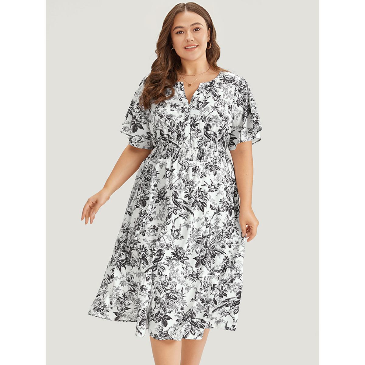 Plus Size Silhouette Floral Print Shirred Notched Pocket Ruffles Dress Black Women Elegant Shirred Notched collar Short sleeve Curvy Midi Dress BloomChic 22-24/3X Product Image