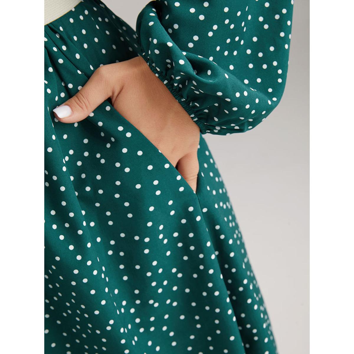 Plus Size Polka Dot Square Neck Shirred Button Detail Dress Teal Women Elegant Elastic cuffs Square Neck Long Sleeve Curvy Midi Dress BloomChic 30/6X Product Image