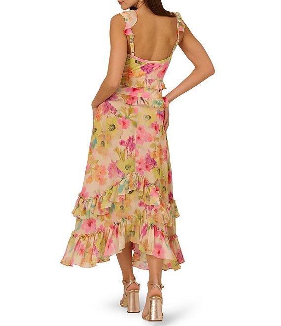 Adrianna Papell V Neck Floral Printed Chiffon Ruffle Midi Dress Product Image