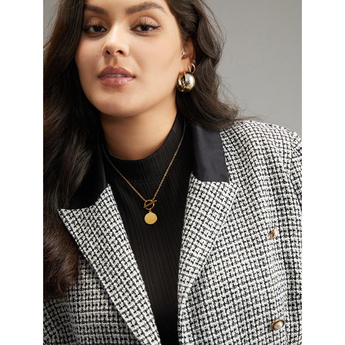 Plus Size Houndstooth Lapel Collar Button Detail Blazer Black Women Work Houndstooth Contrast Sleeve Long Sleeve Lapel Collar 18-20/2X At the Office Blazers BloomChic Product Image