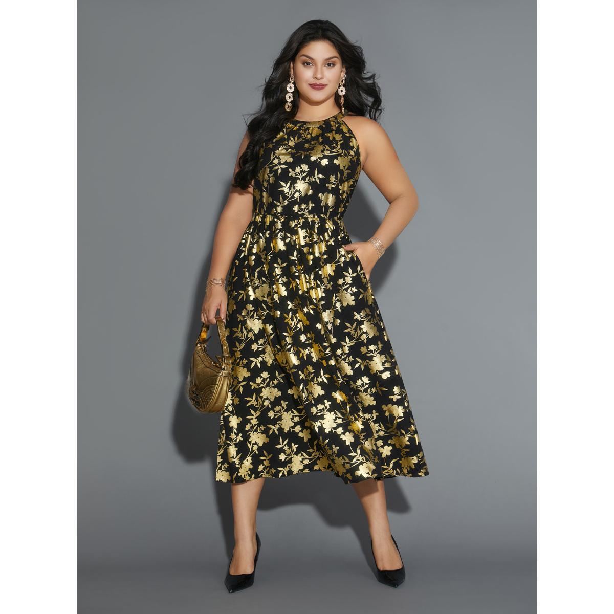 Plus Size Glitter Silhouette Floral Print Sleeveless Dress Black Women Cocktail Texture Round Neck Sleeveless Curvy BloomChic 26/4X Product Image