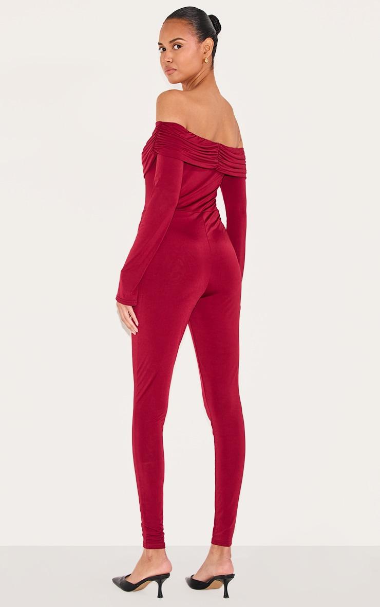  Burgundy Double Layer Slinky Bardot Skinny Jumpsuit Product Image