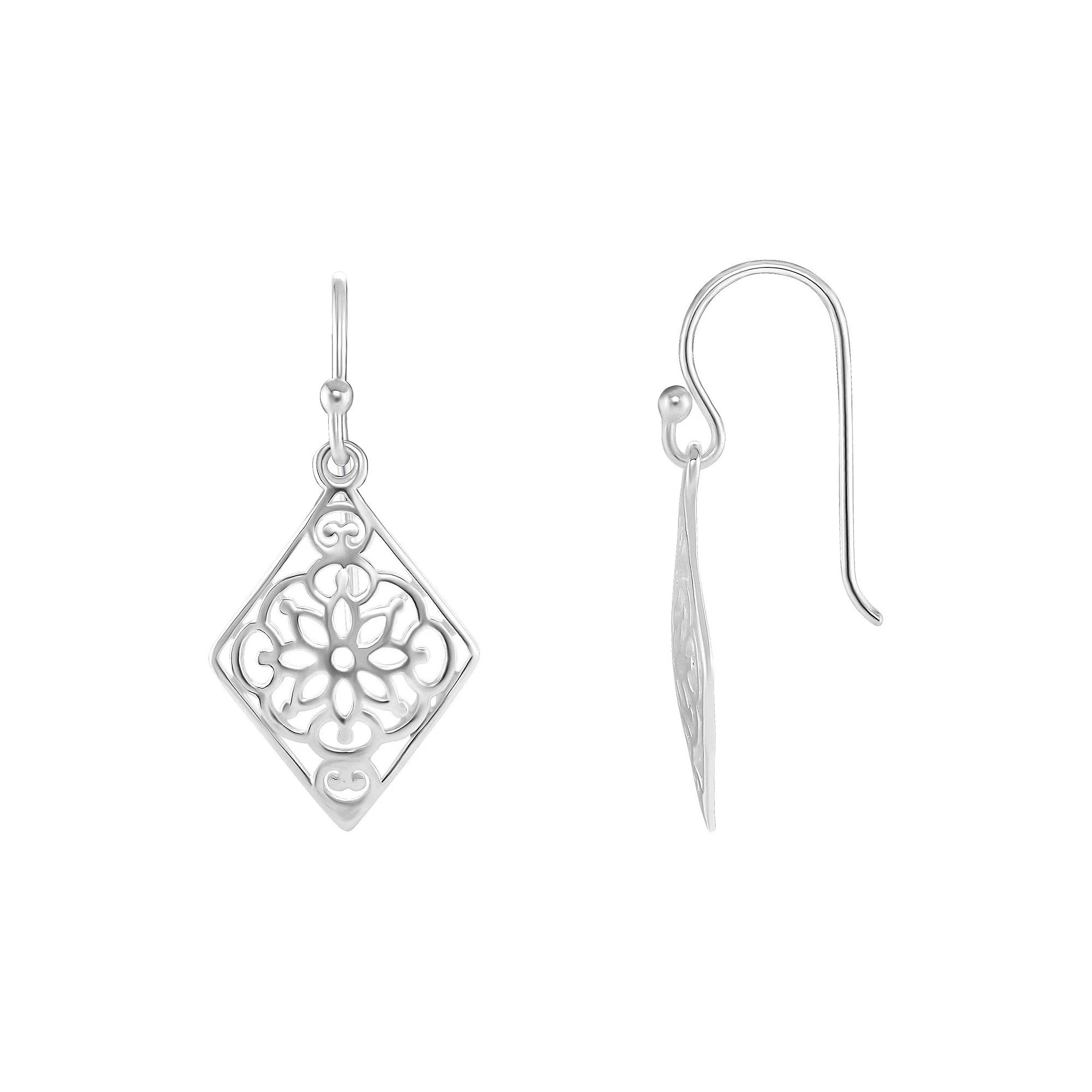 PRIMROSE Sterling Silver Polished Flower Filigree Diamond Shape Drop Earrings, Women's, Silver Tone Product Image