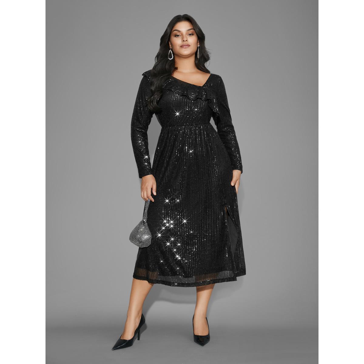 Plus Size Sequin Mesh Asymmetrical Neck Midi Dress Black Women Party&Cocktail Texture Party Curvy Bloomchic 14-16/1X Product Image