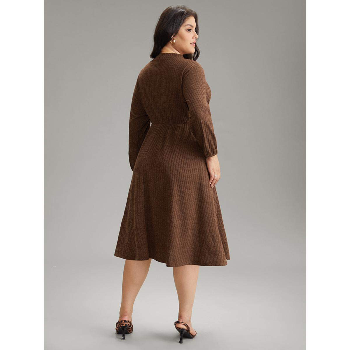Plus Size Rib Knit Mock Neck Button Detail Lantern Sleeve Dress DarkBrown Women Office Elastic cuffs Mock Neck Long Sleeve Curvy Midi Dress BloomChic 10/M Product Image