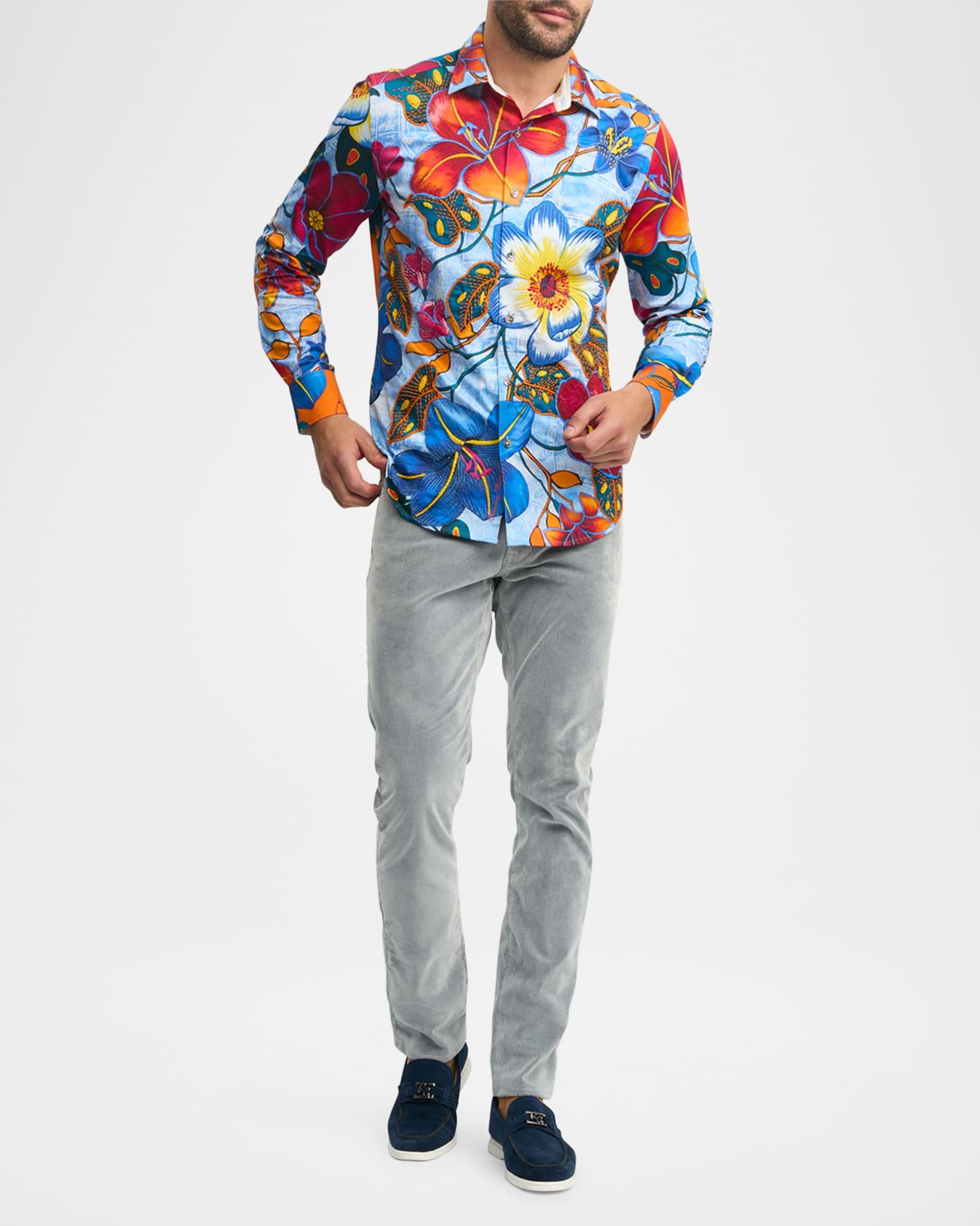 Mens Cotton Skull and Floral-Print Sport Shirt Product Image