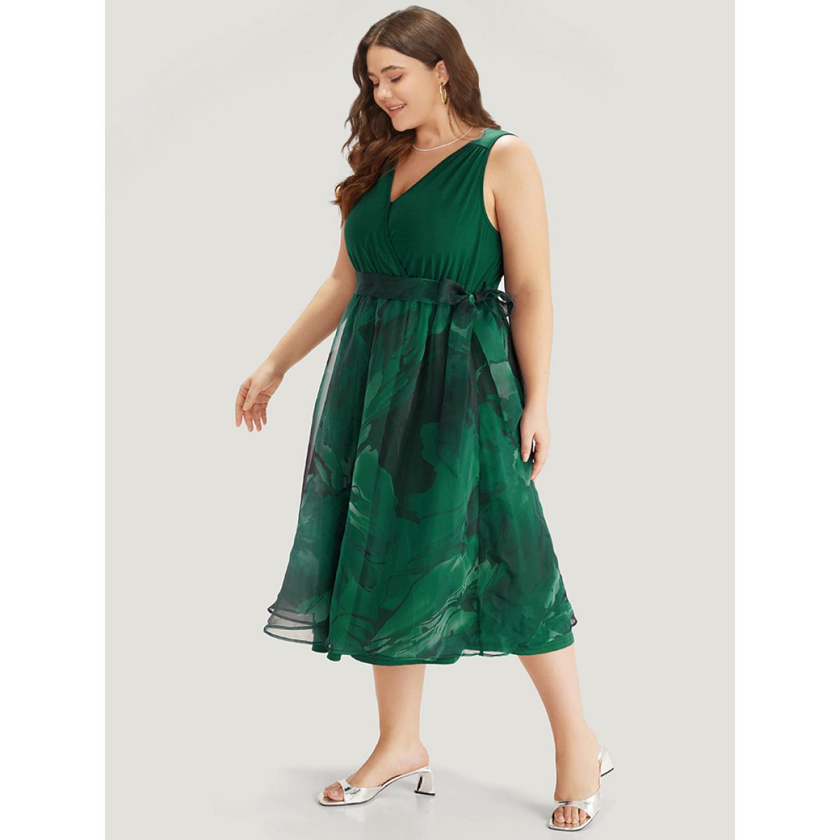 Plus Size Floral Print Belted Patchwork Pocket Tank Dress Green Women Glamour Wrap Overlap Collar Sleeveless Curvy Midi Dress BloomChic 14-16/1X Product Image