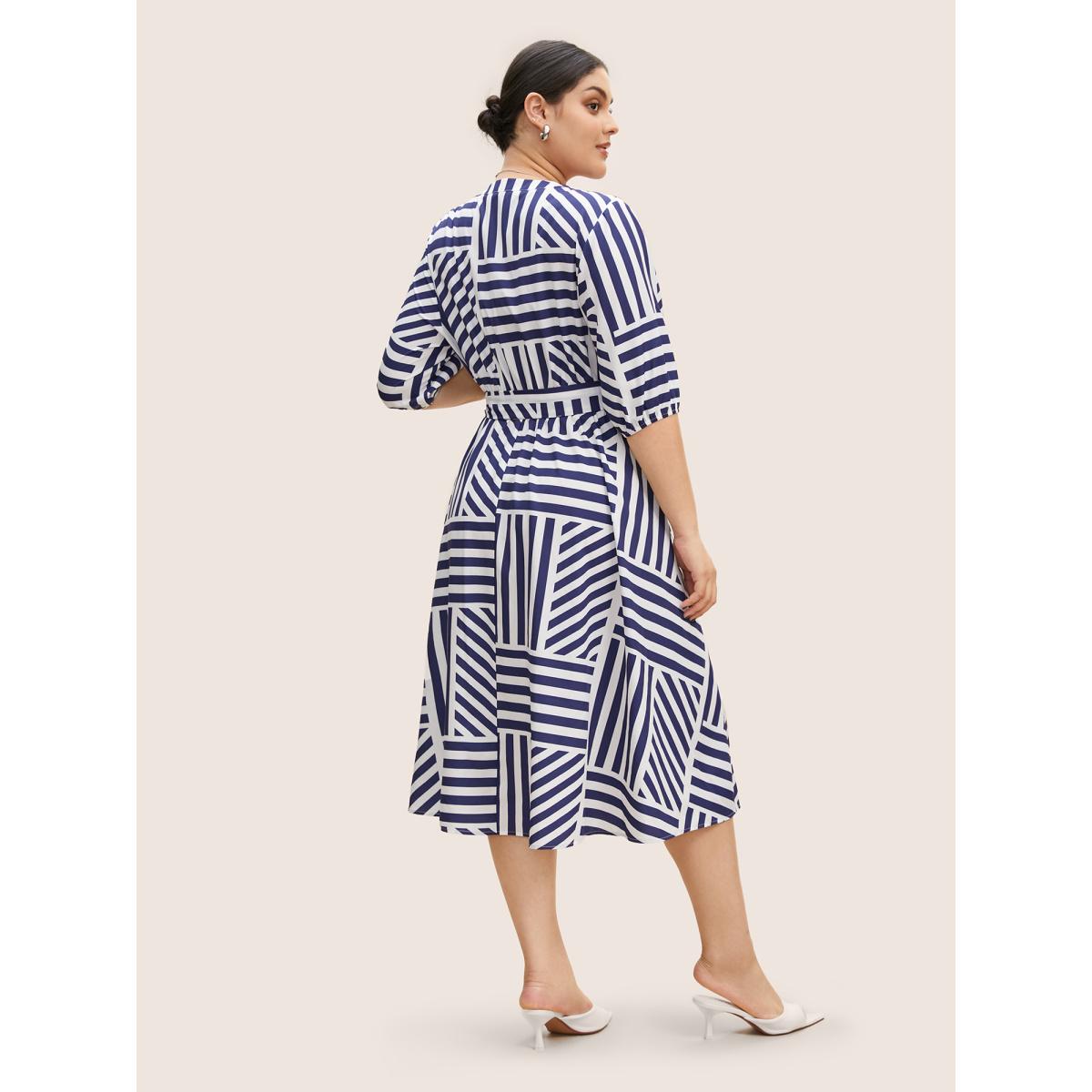 Plus Size Striped Notched Collar Belted Midi Dress DarkBlue Women At the Office Belted Notched collar Half Sleeve Curvy BloomChic 28/5X Product Image