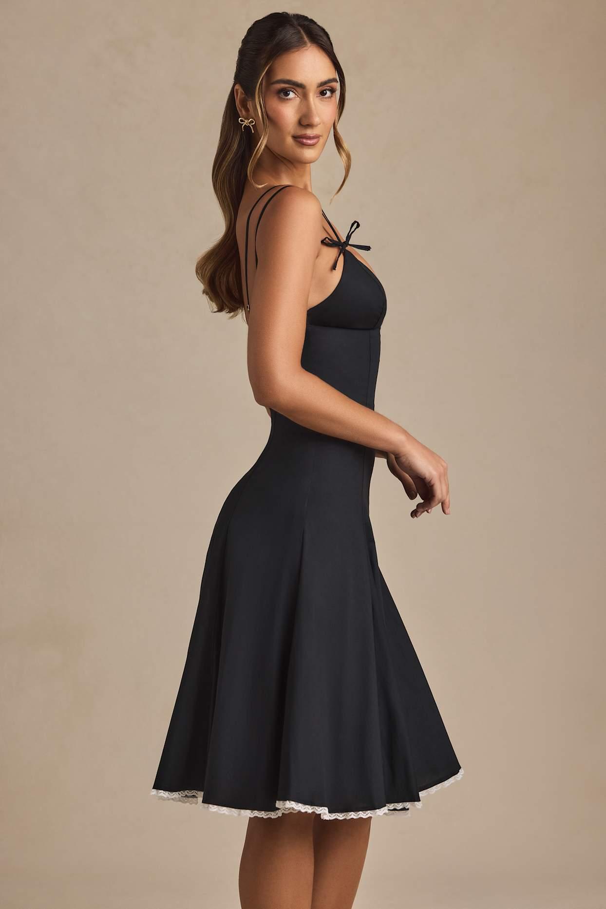 Bow-Detail Lace-Trim A-Line Midi Dress in Black Product Image