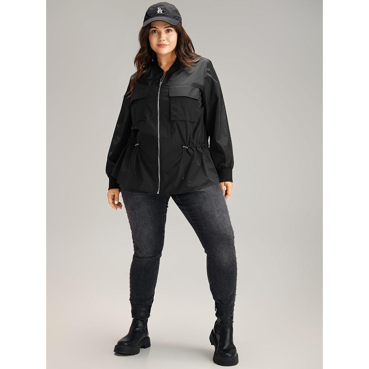 Plus Size Wind-Resistant Zipper Fly Drawstring Jacket Women Black Plain Pocket Dailywear Jackets BloomChic 12/L Product Image
