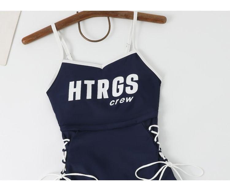Set: Spaghetti Strap Lettering Contrast Trim Lace-Up Swim Dress + Long-Sleeve Plain Crop Cover Up Product Image