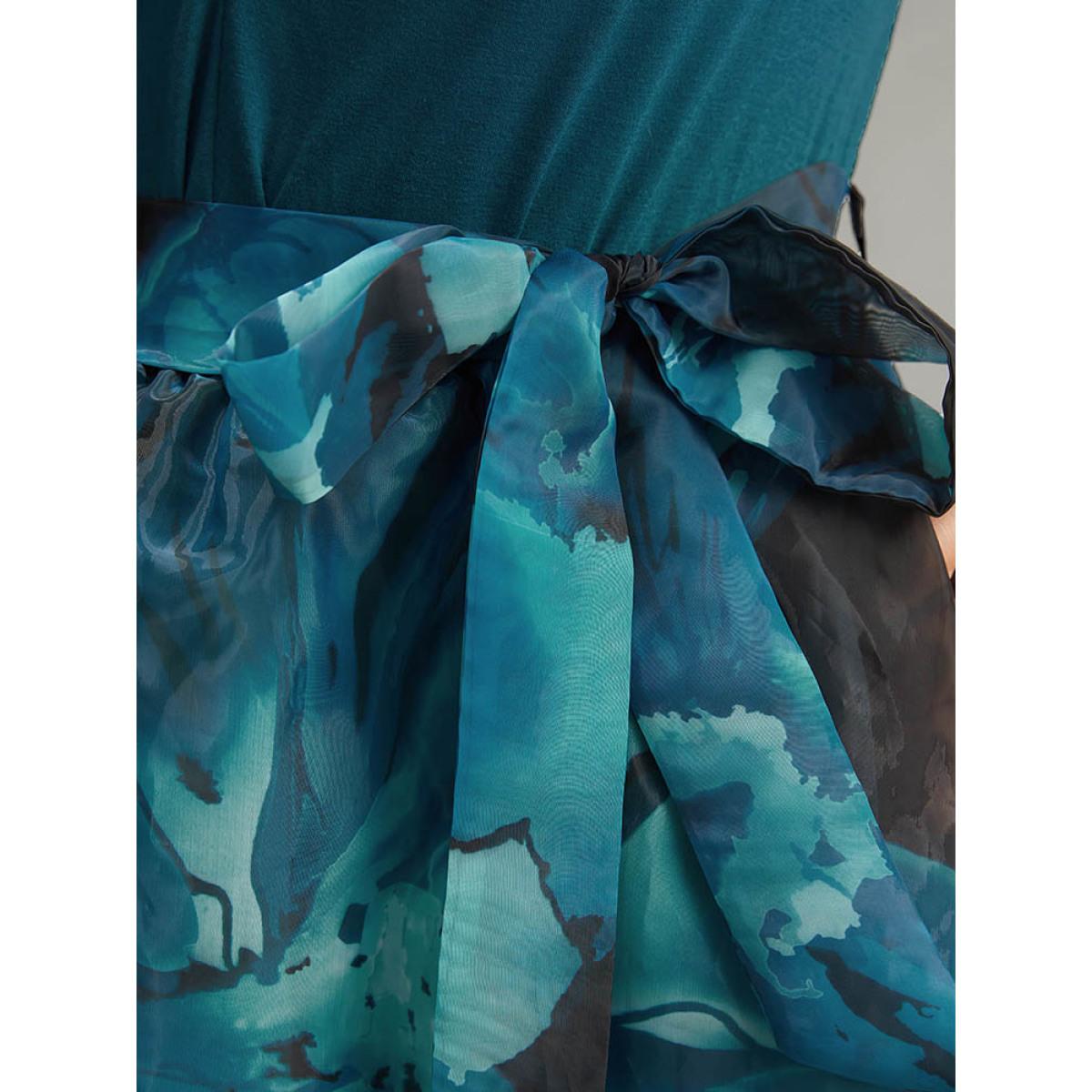 Plus Size Floral Square Neck Mesh Patchwork Belted Ruched Dress Aegean Women Elegant Belted Square Neck Long Sleeve Curvy Midi Dress BloomChic 22-24/3X Product Image