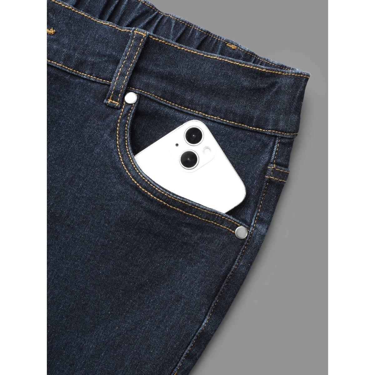 Plus Size Mid Rise Stretchy Bootcut Jeans Women Darkindigo Elegant Button Medium stretch Slanted pocket Jeans BloomChic 22/3X Product Image