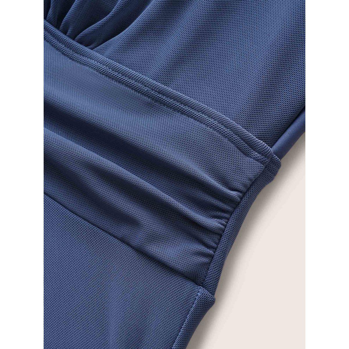 Plus Size See Through Patchwork Gathered Swim Dress Women's Swimwear Indigo Beach Bodycon Round Neck High stretch Curve Swim Dresses BloomChic 14-16/1X Product Image