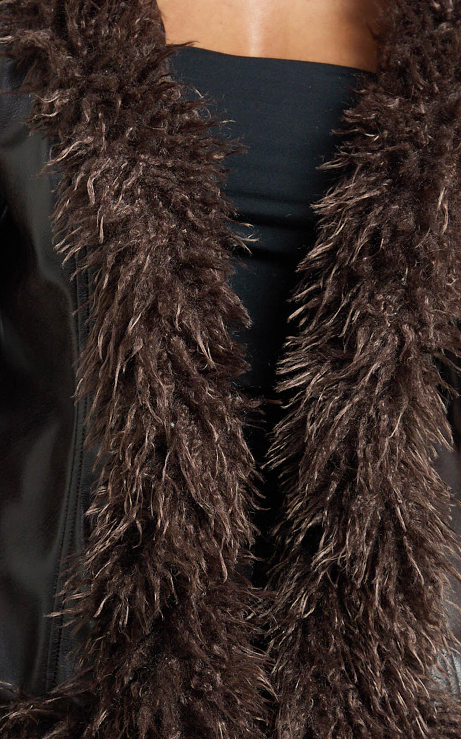 Eileen Coat - Faux Fur Trim Faux Leather Coat in Dark Brown Product Image