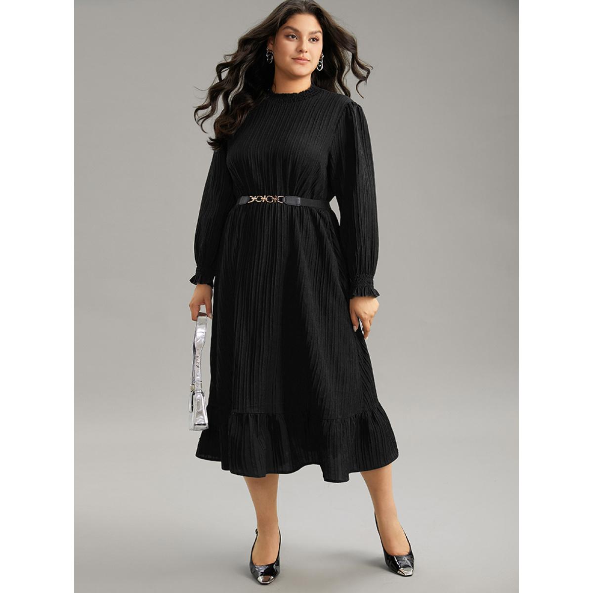 Plus Size Plain Texture Elastic Waist Frill Trim Shirred Dress Black Women Office Texture Mock Neck Long Sleeve Curvy Midi Dress BloomChic 30/6X Product Image