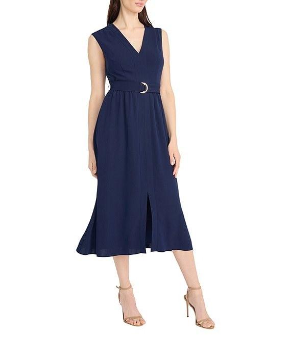 Maggy London V-Neck Sleeveless Belted Drape Twill A-Line Midi Dress Product Image