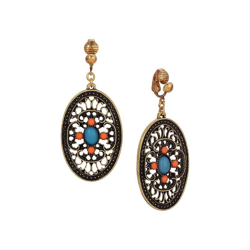 1928 Gold Tone Turquoise and Coral Enamel Filigree Oval Drop Clip-On Earrings, Women's Product Image
