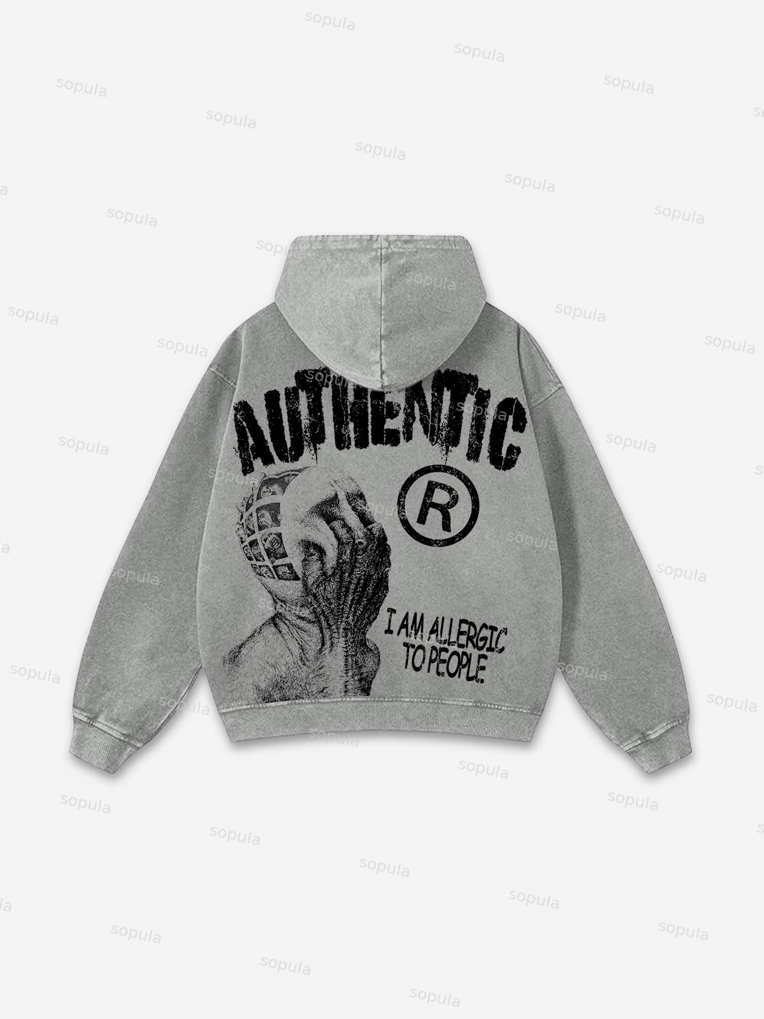 Vintage I Am Allergic To People Graphics Print Washed Hoodie Product Image