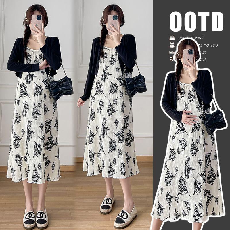 Maternity Spaghetti Strap Floral Midi A-Line Dress / Crop Cardigan / Set Product Image
