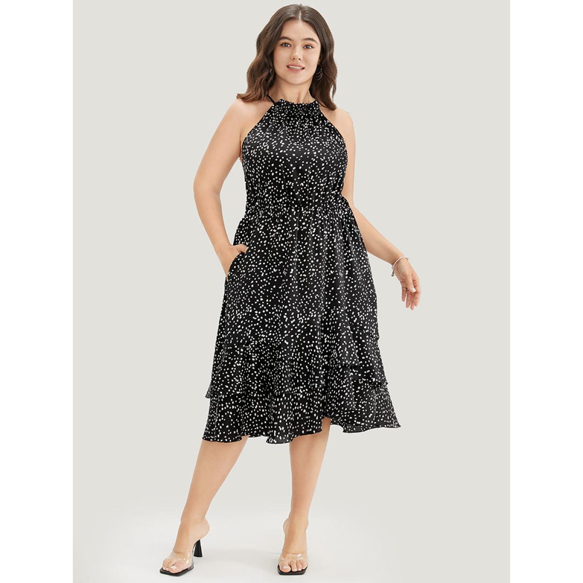 Plus Size Polka Dot Halter Neck Pocket Ruffle Tiered Dress Black Women Elegant Elastic Waist Halter neck Sleeveless Curvy Midi Dress BloomChic 26/4X Product Image