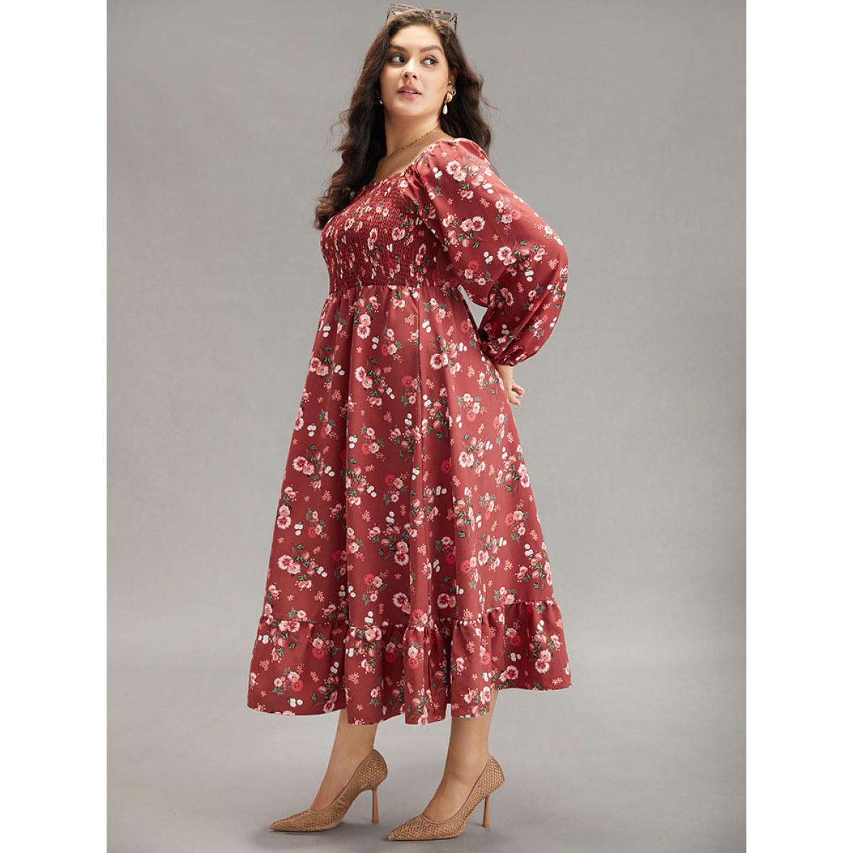 Plus Size Floral Print Shirred Elastic Cuffs Dress Russet Women Elegant Elastic cuffs Square Neck Long Sleeve Curvy Midi Dress BloomChic 10/M Product Image