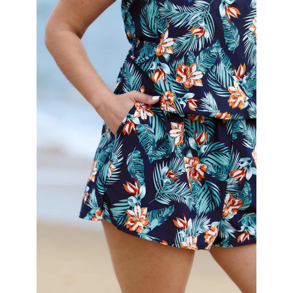Plus Size Tropical Flower Print Pockets One-Piece Swimsuit Women's Swimwear Indigo Resort Gathered Curve Bathing Suits High stretch One Pieces BloomChic 22-24/3X Product Image