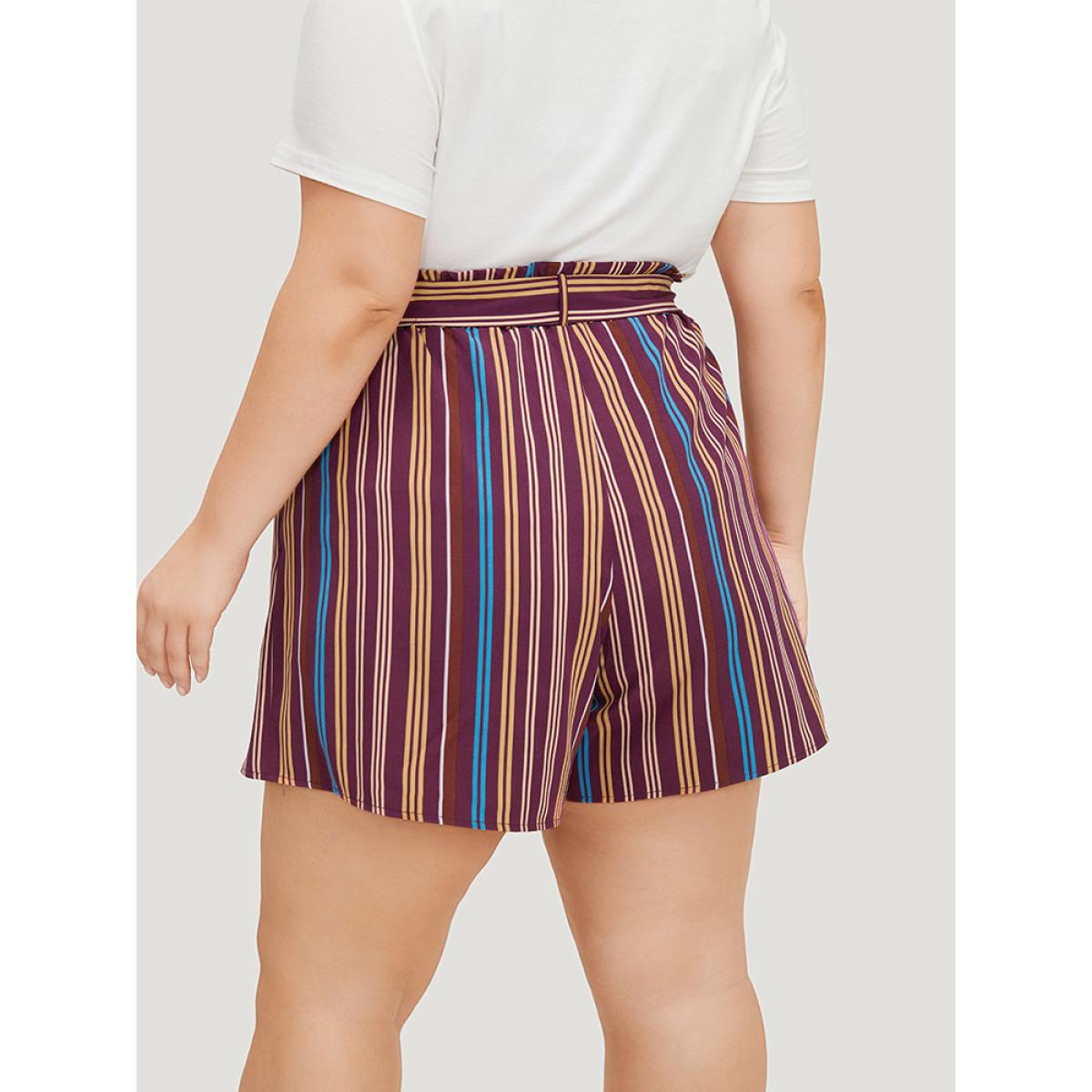 Plus Size Colour Striped Print Belted Wrap Hem Shorts Women Multicolor Vacation Cross straps Dailywear Shorts BloomChic 22-24/3X Product Image