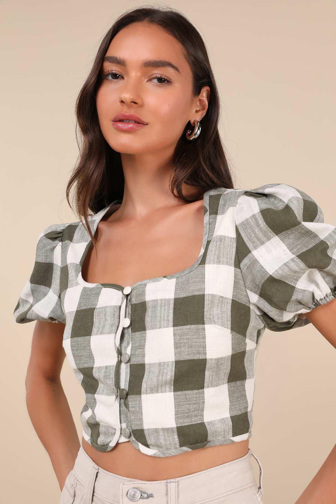 Cutest Whimsy Green Gingham Puff Sleeve Button-Front Crop Top Product Image