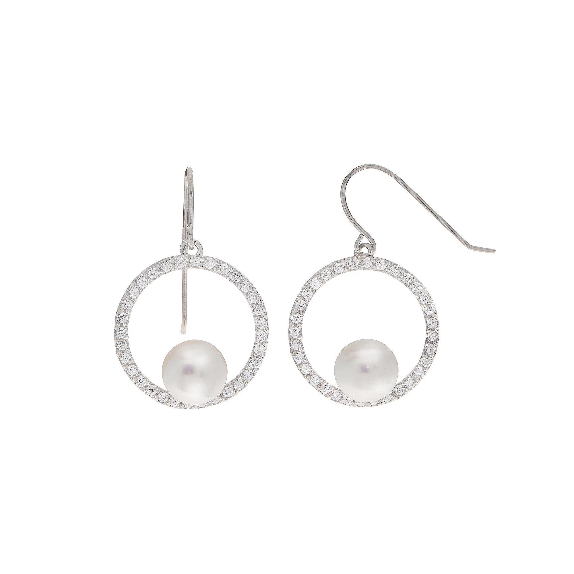 PearLustre by Imperial Sterling Silver Freshwater Cultured Pearl & Cubic Zirconia Circle Drop Earrings, Womens Product Image