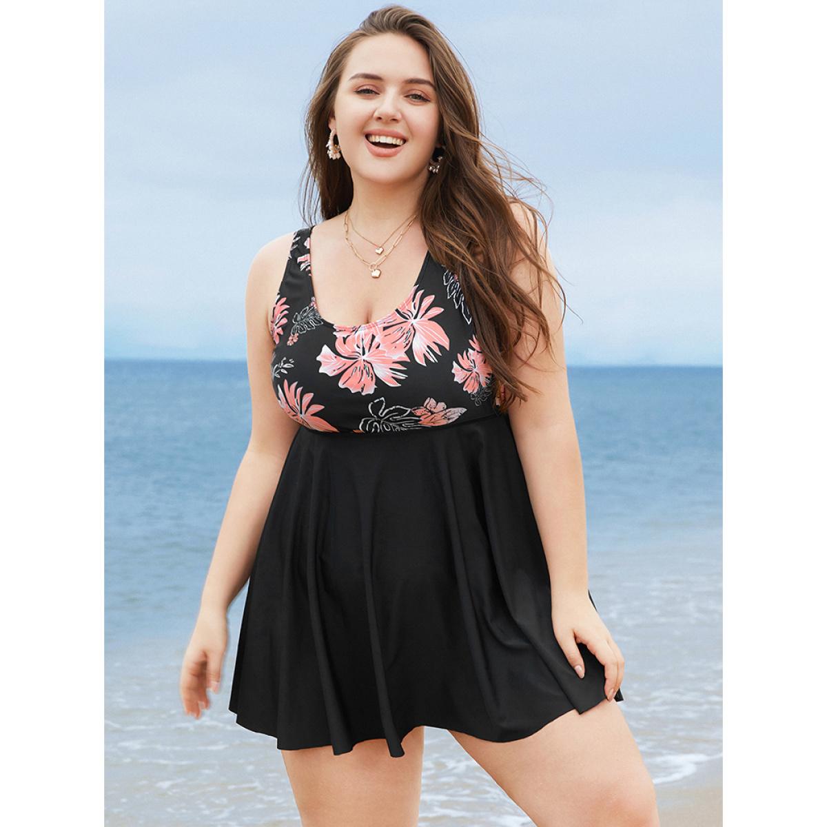 Plus Size Floral Print Scoop Neck Sculpt Waist Swim Dress Women's Swimwear Black Vacation Bodycon High stretch Curve Swim Dresses BloomChic 10/M Product Image