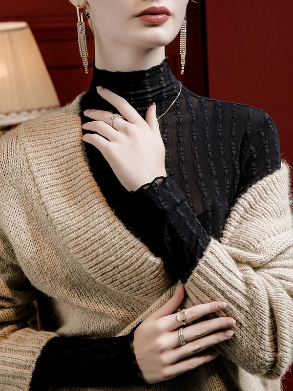 Long Sleeves Plus Size Jacquard See-Through Solid Color Split-Joint High Neck T-Shirts Tops Product Image