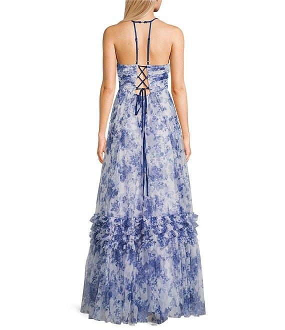 Pear Culture Floral Printed Mesh Plunging V-Neck Spaghetti Strap Dress Product Image