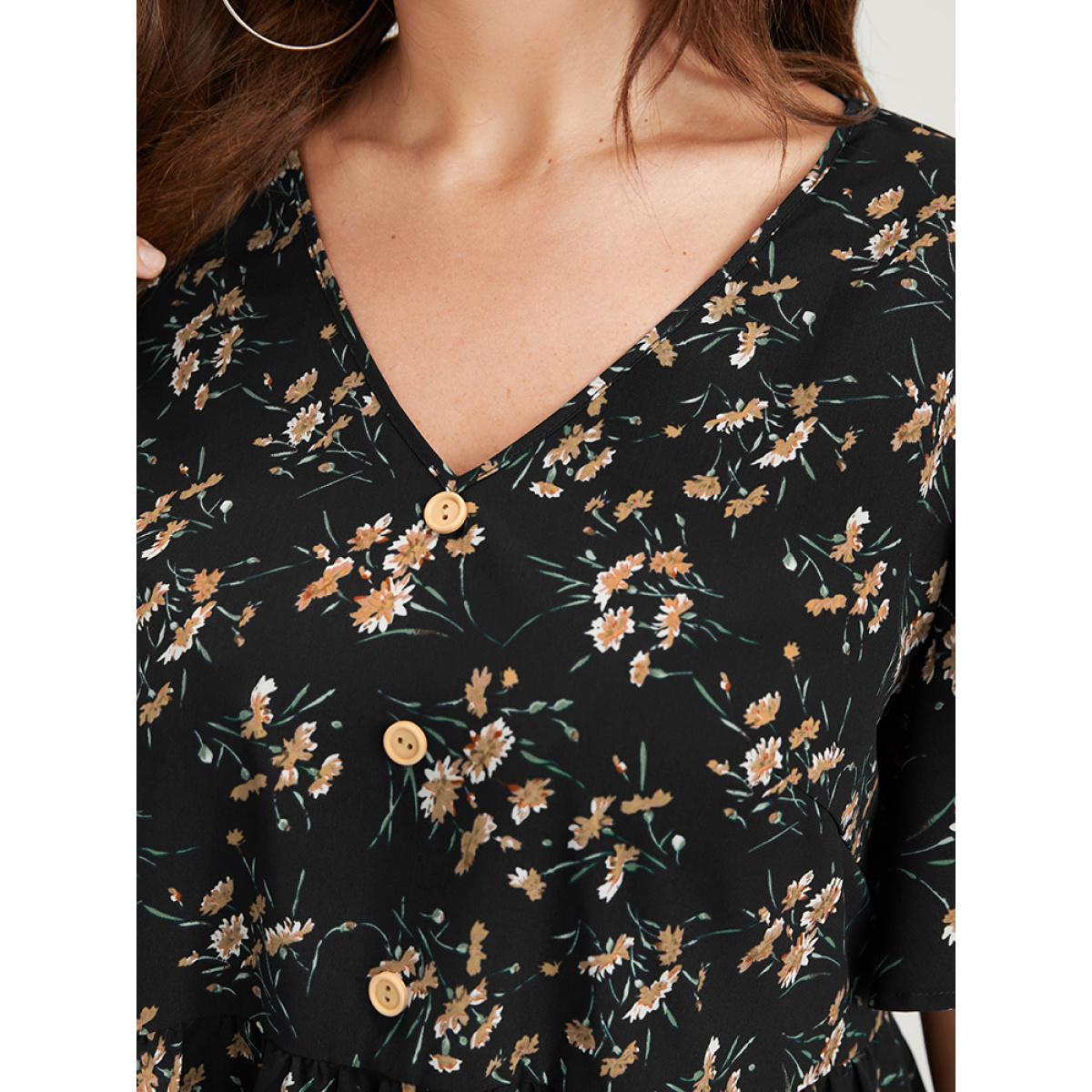 Plus Size Black Floral Elastic Waist V Neck Button Ruffles Blouse Women Elegant Half Sleeve V-neck Dailywear Blouses BloomChic 14-16/1X Product Image