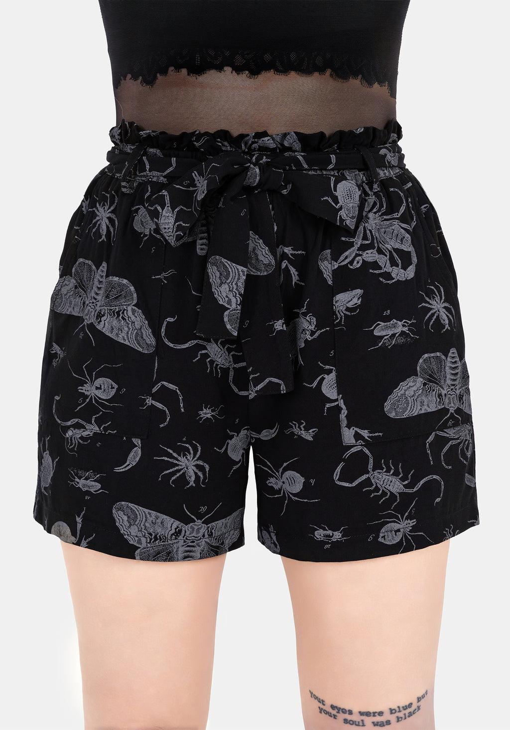 Parasite Bugs Tie Waist Paperbag Shorts - Black Product Image