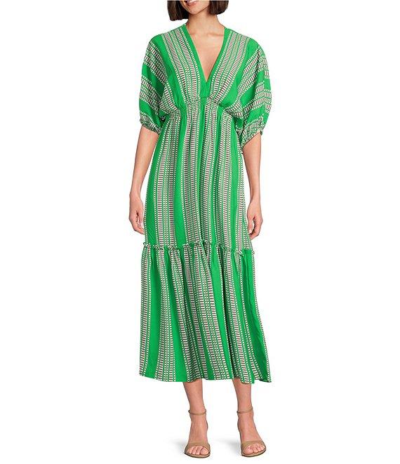 Taylor Striped V-Neckline Elbow Length Sleeve Tiered Bottom Maxi Dress Product Image