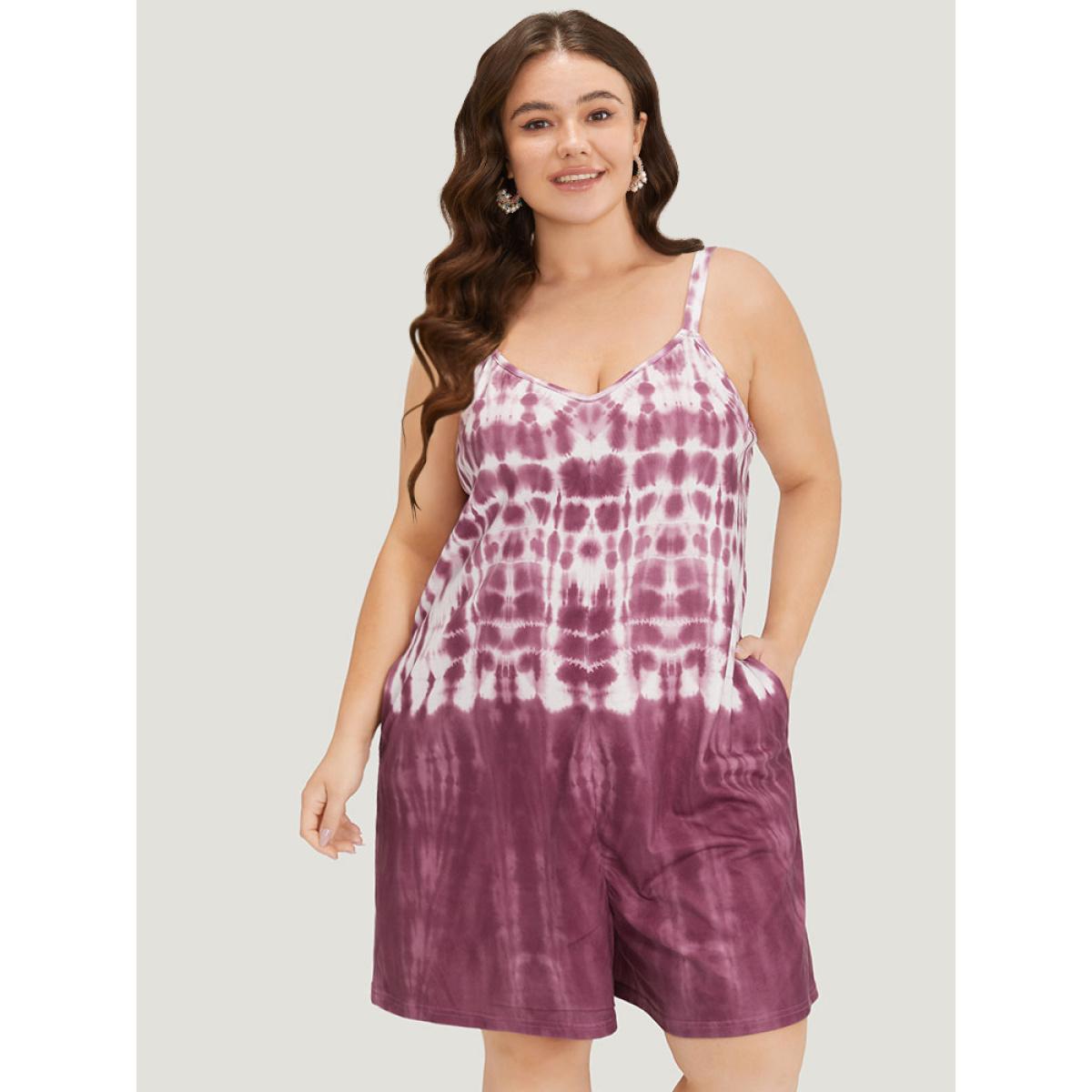 Plus Size Brown Tie Dye Pocket Adjustable Straps Cami Jumpsuit Women Casual Sleeveless Spaghetti Strap Dailywear Loose Jumpsuits BloomChic 12/L Product Image