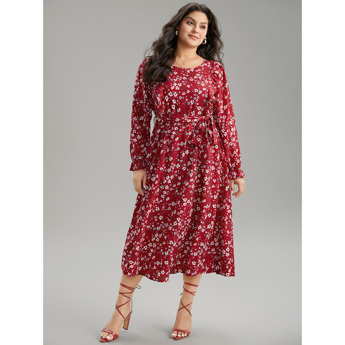 Plus Size Ditsy Floral Belted Ruffle Sleeve Dress Scarlet Women Elegant Belted Round Neck Long Sleeve Curvy Midi Dress BloomChic 28/5X Product Image