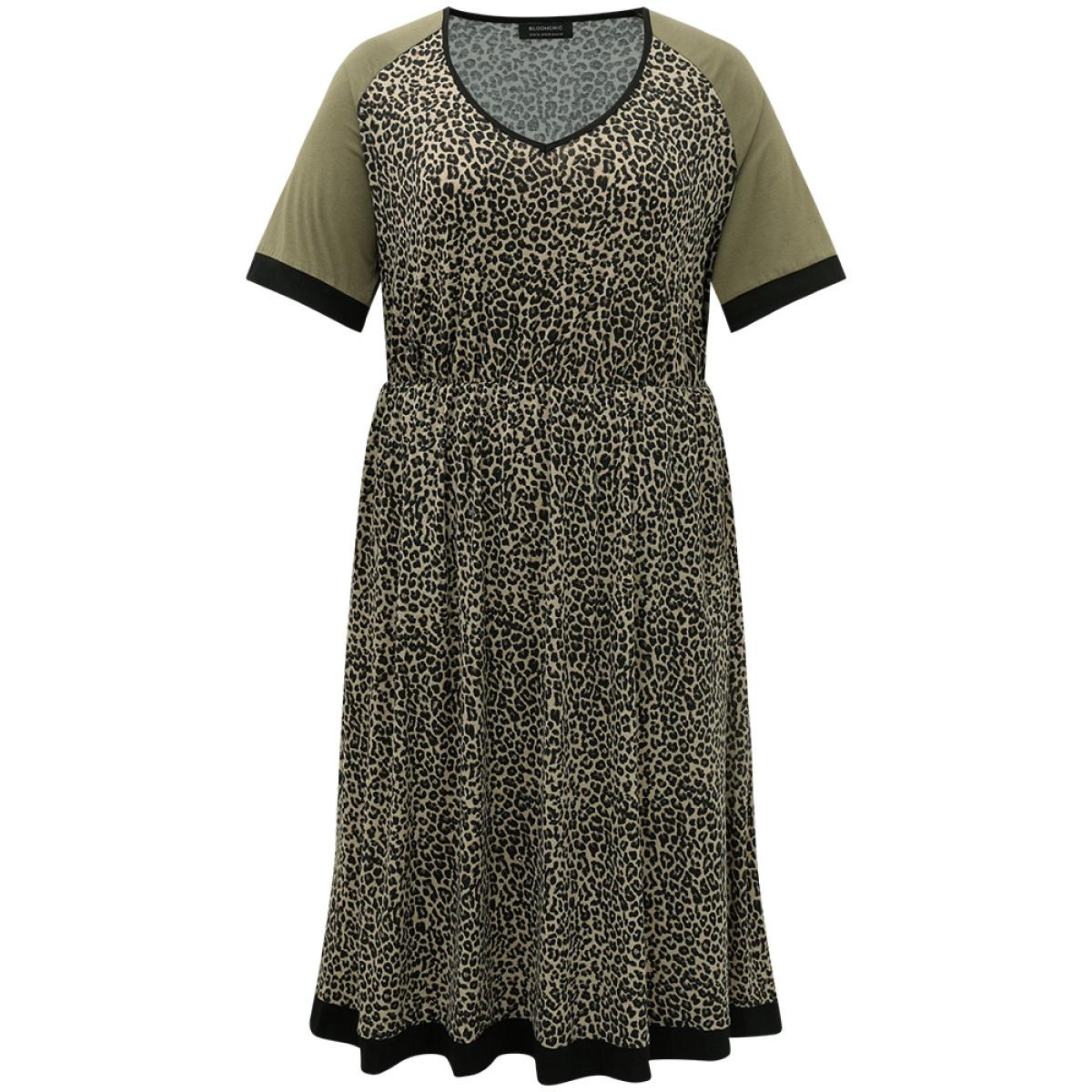Plus Size Leopard Print Pocket Patchwork Gathered Contrast Trim Dress ArmyGreen Women Casual Gathered V-neck Half Sleeve Curvy Midi Dress BloomChic 10/M Product Image